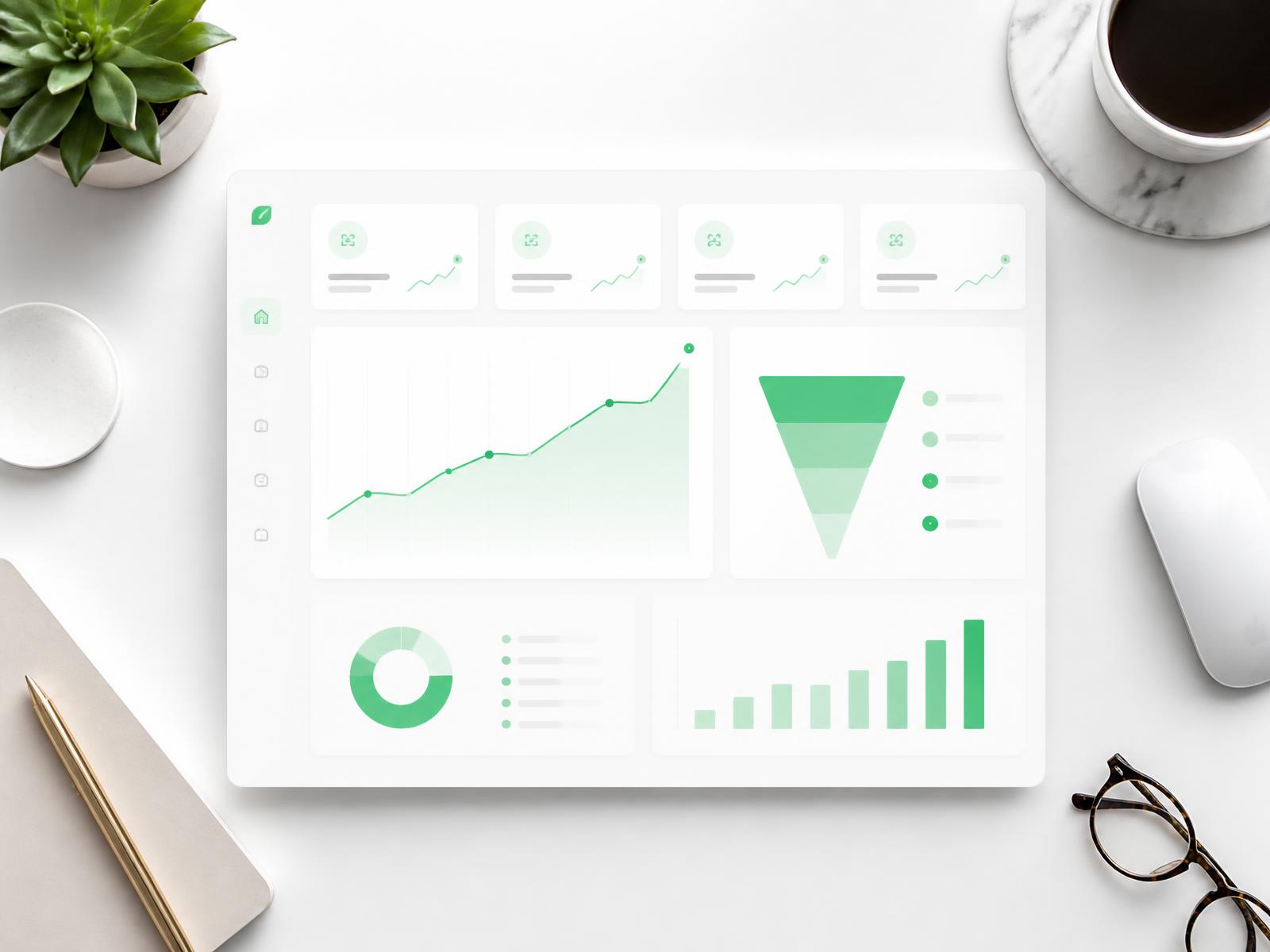 Suivi des performances et des leads — Green Connection Tableau de bord d'analyse marketing affichant une courbe de croissance et un tunnel de conversion