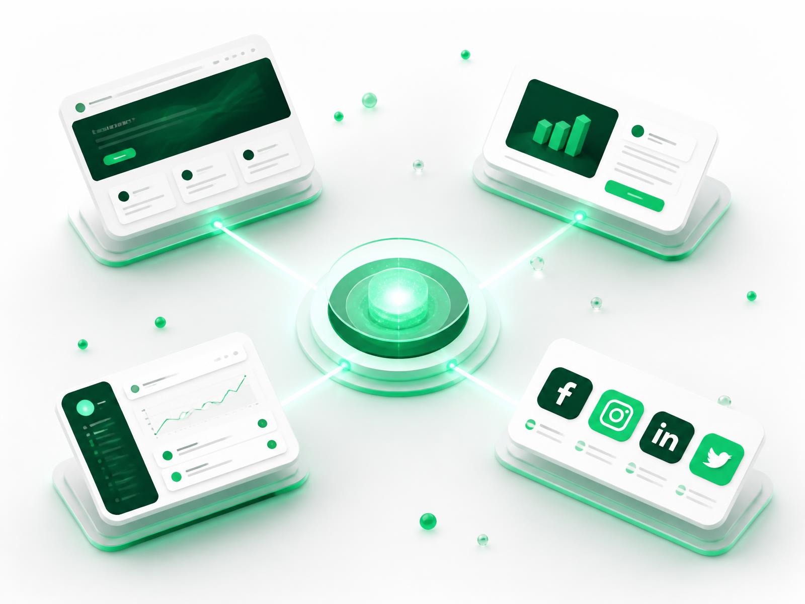 Écosystème d'acquisition digitale — Green Connection Schéma 3D d'une entreprise connectée à son site Internet, ses campagnes publicitaires, son CRM et ses réseaux sociaux
